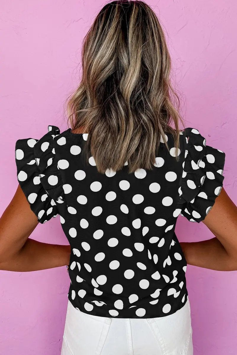 Black Polka Dot Print Ruffled Sleeve V Neck Blouse for Women - Love Salve